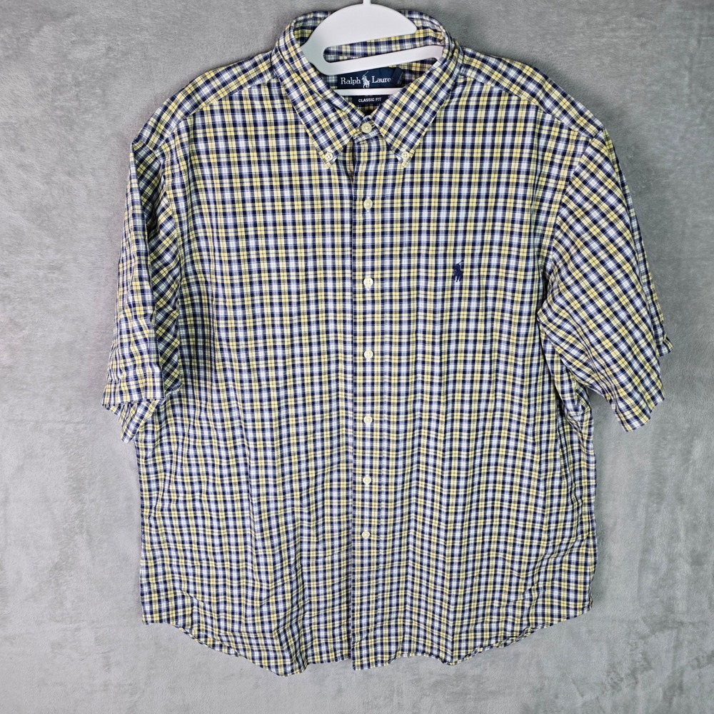 Polo Ralph Lauren Men XL Classic Fit Short Sleeve Plaid Button Down Shirt Yellow